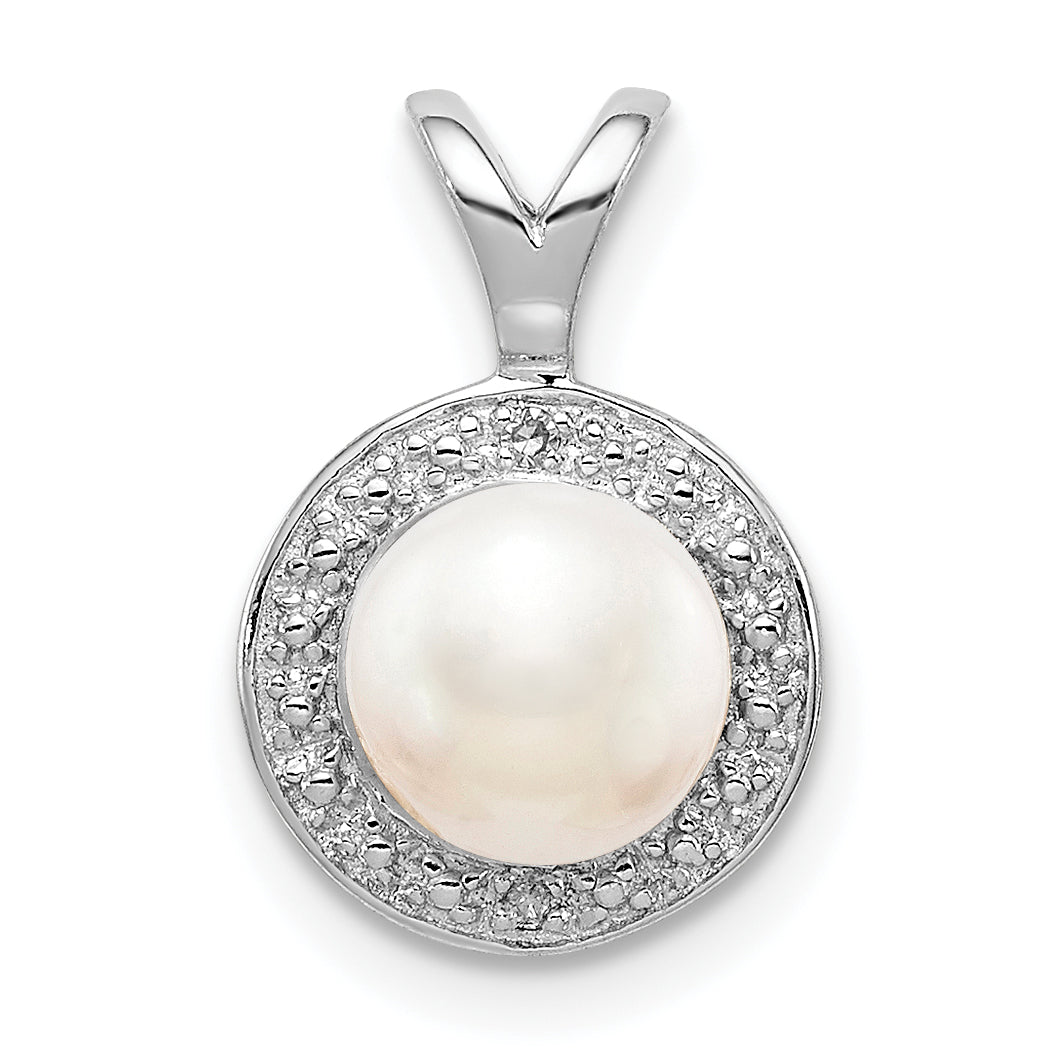 Sterling Silver Rhodium-plated Diam. & FW Cultured Pearl Pendant