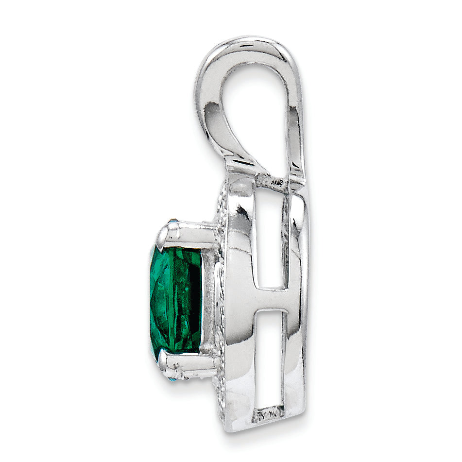 Sterling Silver Emerald & Diamond Rhodium-Plated Pendant  Elegant May Birthstone Design Secondary image