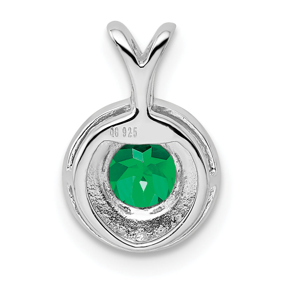 Sterling Silver Emerald & Diamond Rhodium-Plated Pendant  Elegant May Birthstone Design