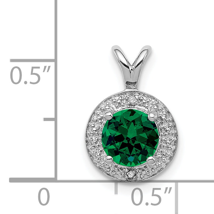 Sterling Silver Emerald & Diamond Rhodium-Plated Pendant  Elegant May Birthstone Design