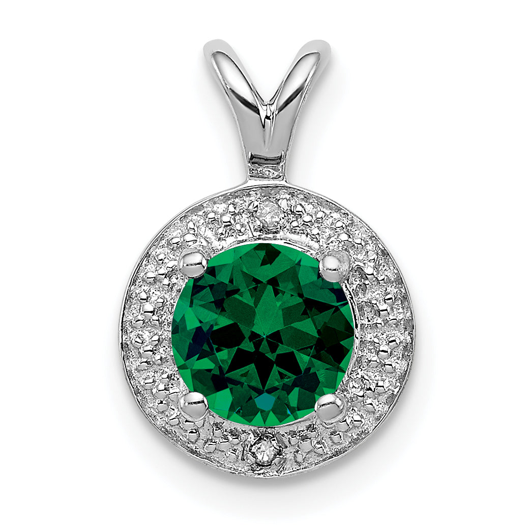 Sterling Silver Rhodium-plated Diam. & Created Emerald Pendant