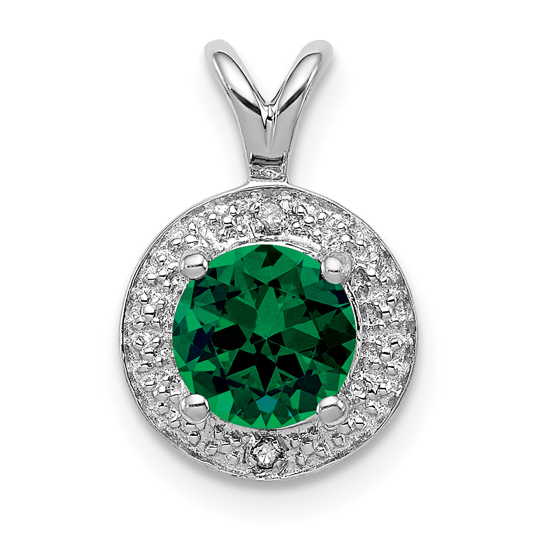 Sterling Silver Rhodium-plated Diam. & Created Emerald Pendant Main image
