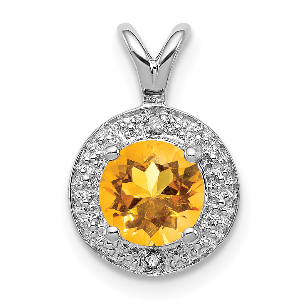 Sterling Silver Rhodium-plated Diam. & Citrine Pendant