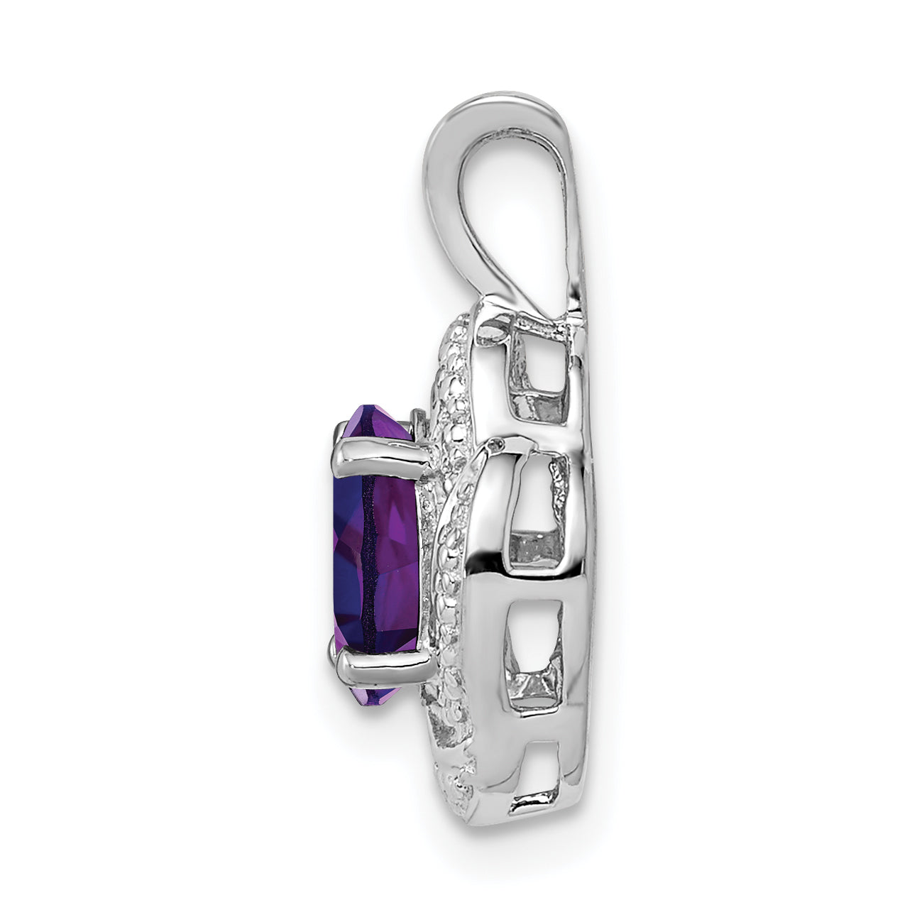 Sterling Silver 925 Amethyst & Diamond Pendant Rhodium-Plated Polished Oval Birthstone Secondary image