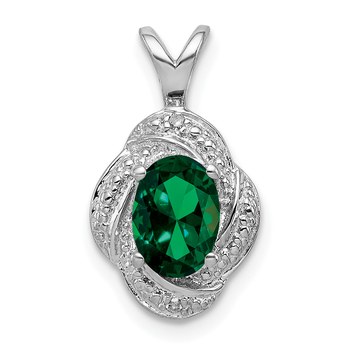 Sterling Silver Rhodium-plated Diam. & Created Emerald Pendant