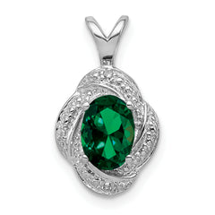 Sterling Silver Rhodium-plated Diam. & Created Emerald Pendant