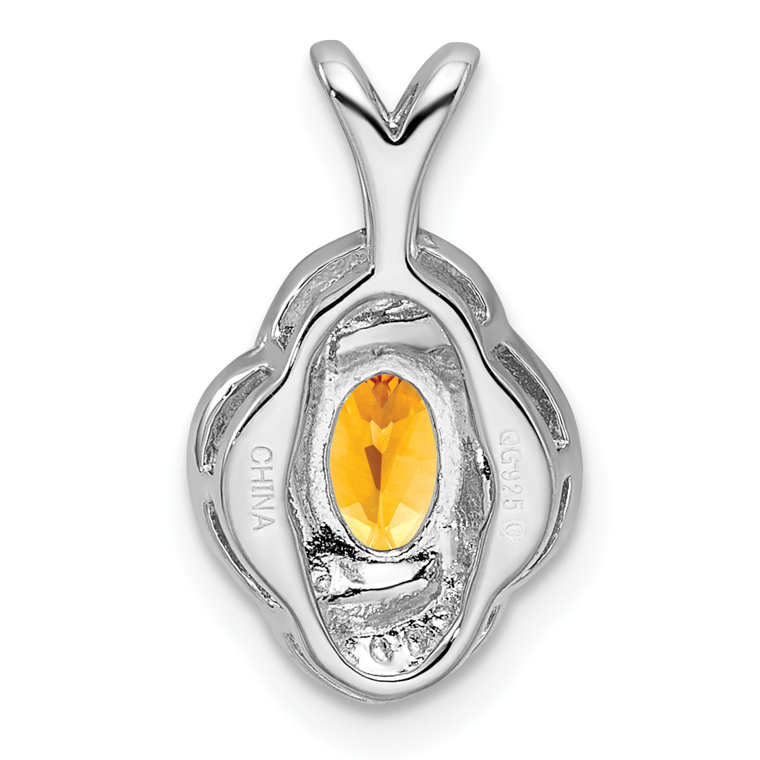 Sterling Silver Citrine & Diamond Pendant with Rhodium Finish  Polished Oval Design