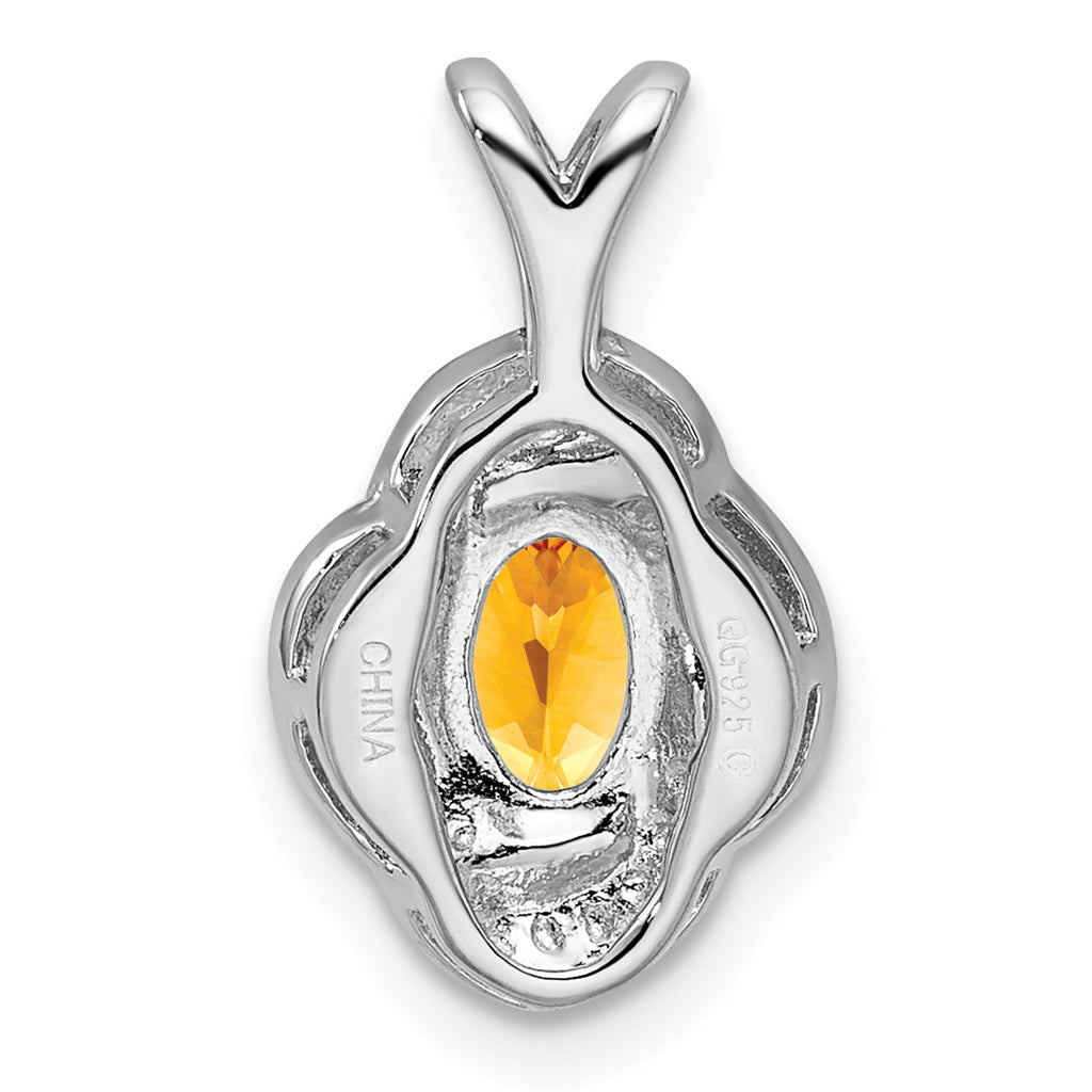 Sterling Silver Citrine & Diamond Pendant with Rhodium Finish  Polished Oval Design