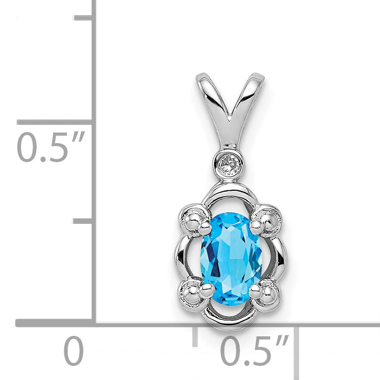 Sterling Silver Rhodium-Plated Swiss Blue Topaz & Diamond Pendant  Elegant Birthstone Design