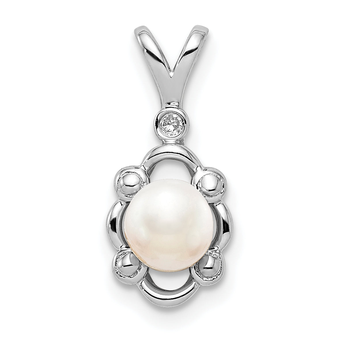 Sterling Silver Rhodium-plated FW Cultured Pearl & Diam. Pendant