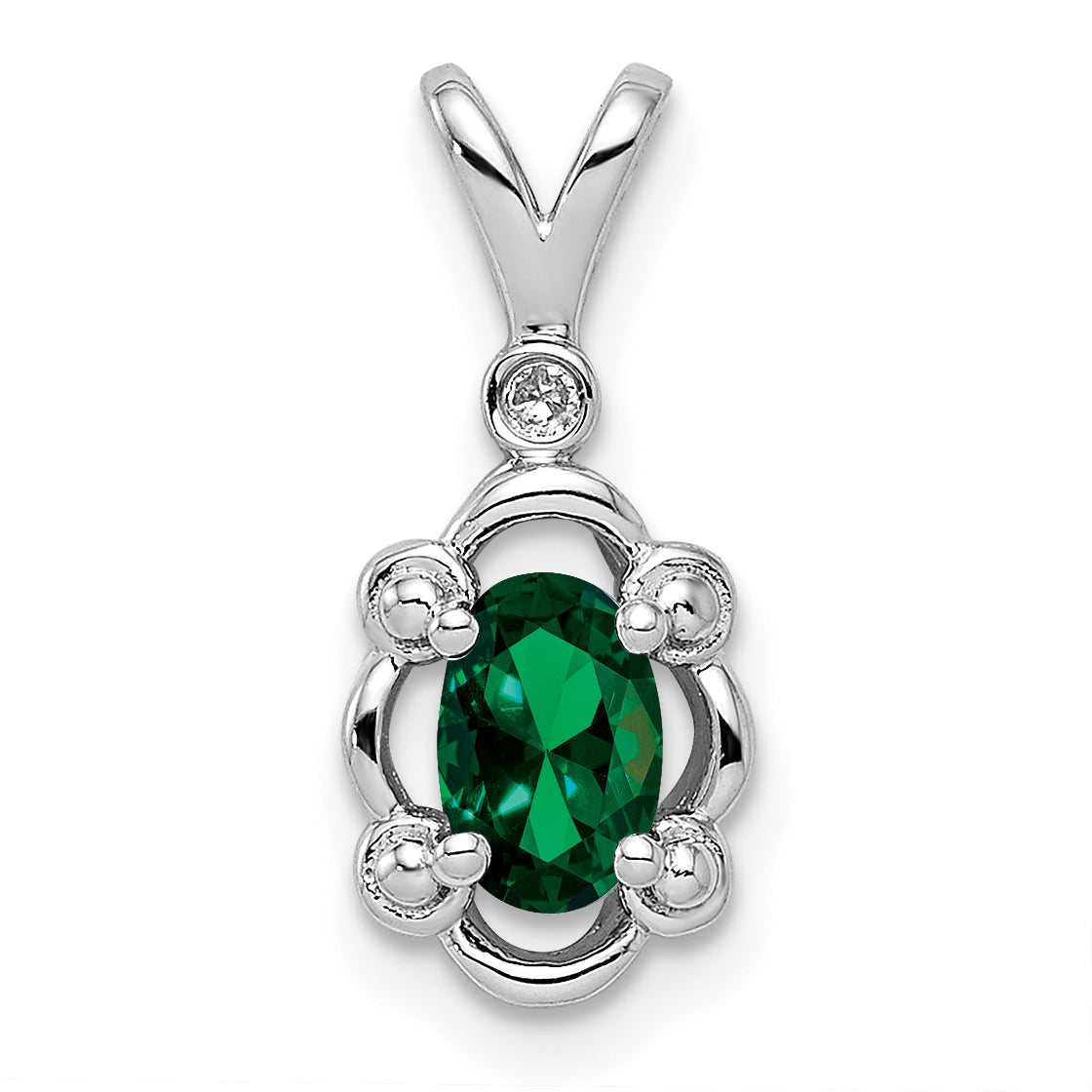 Sterling Silver Rhodium-plated Created Emerald & Diam. Pendant Main image