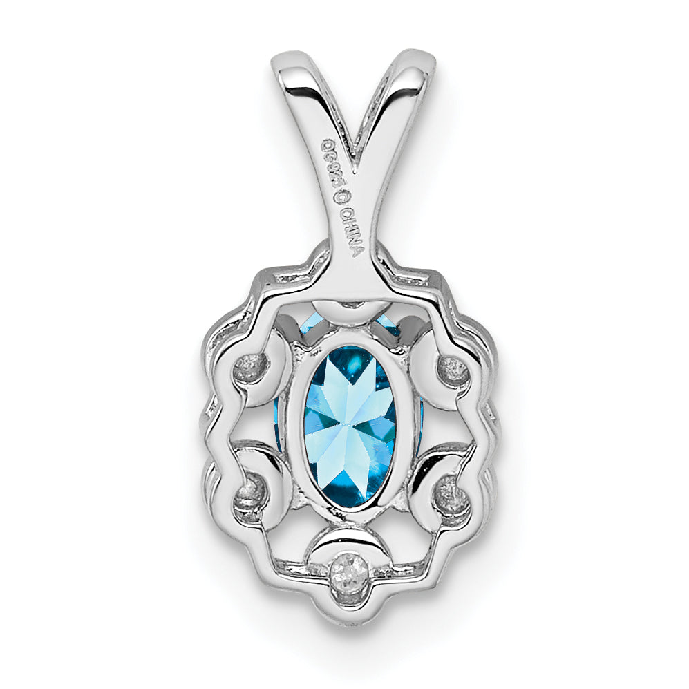 925 Sterling Silver Rhodium-Plated Swiss Blue Topaz and Diamond Pendant Elegant Oval Design