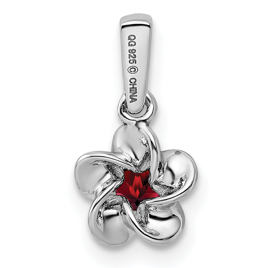 Sterling Silver 925 Rhodium-Plated Garnet Floral Pendant  Polished, Elegant, Birthstone Jewelry