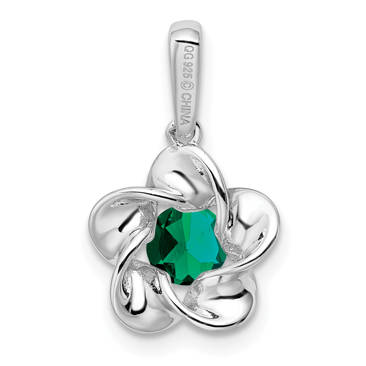 Sterling Silver 925 Floral Pendant with Lab-Created Emerald  Rhodium-Plated, Elegant Design for May Birthstone