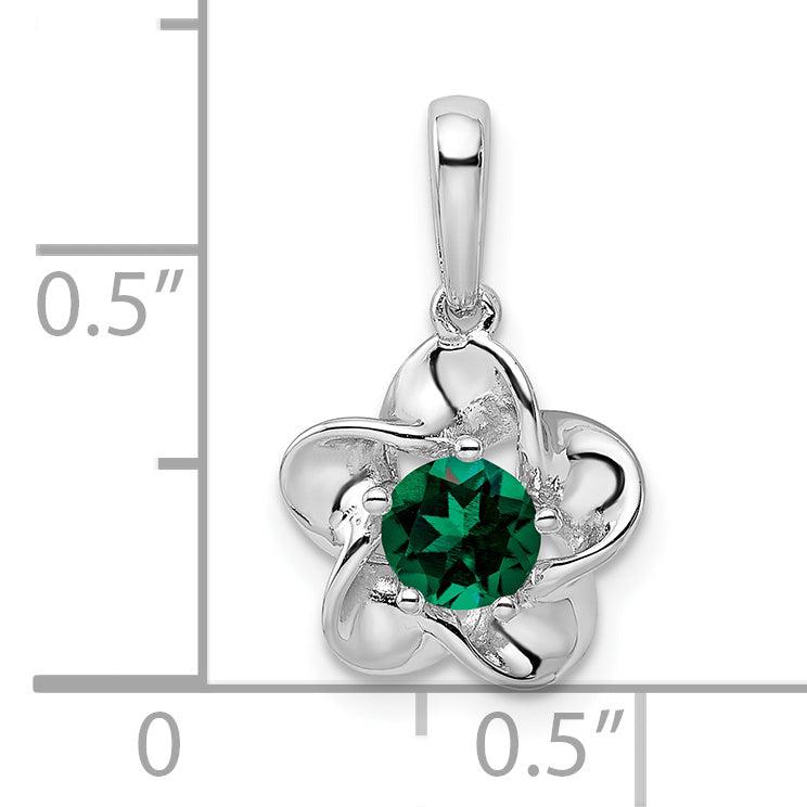 Sterling Silver 925 Floral Pendant with Lab-Created Emerald  Rhodium-Plated, Elegant Design for May Birthstone