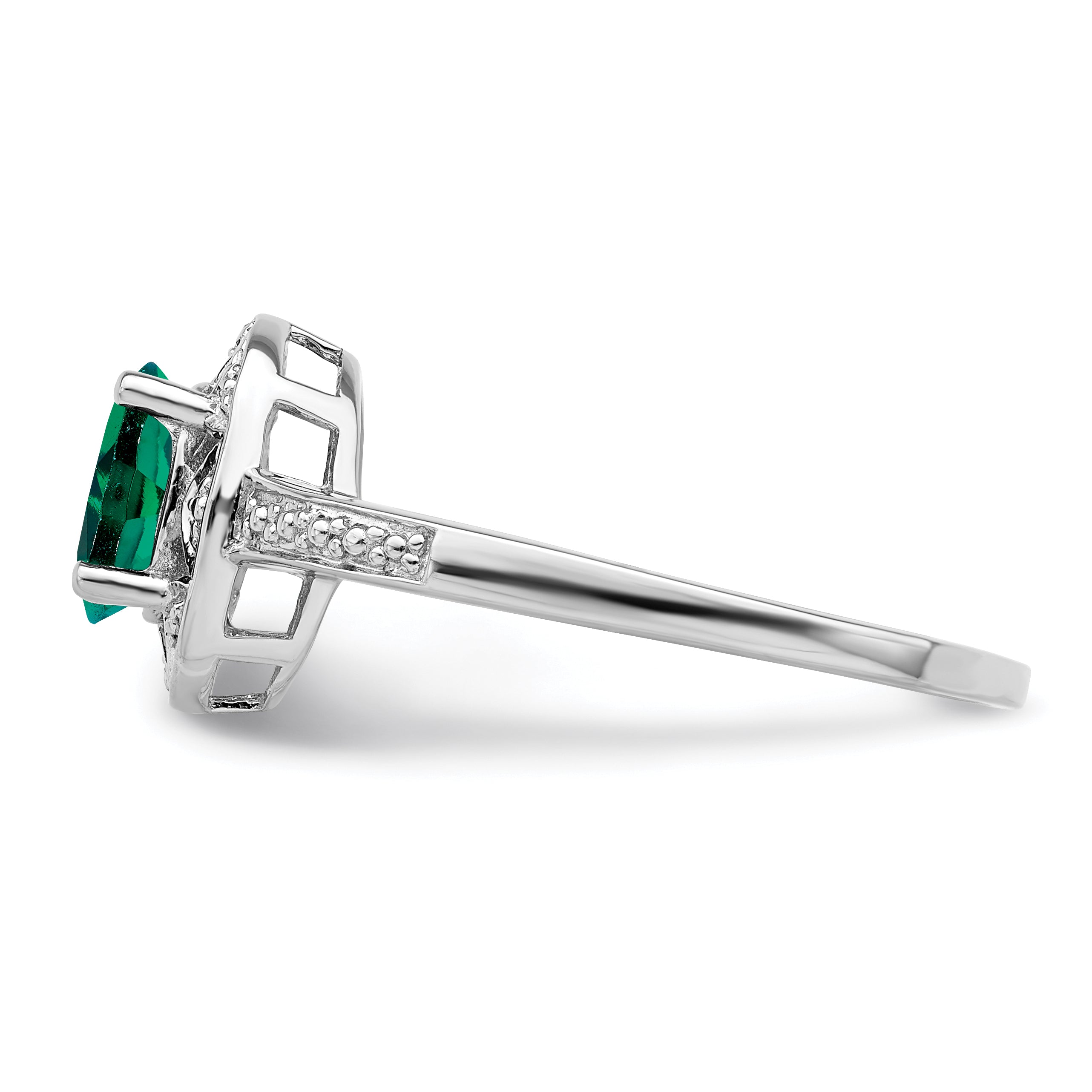 Sterling Silver Rhodium-plated Diamond & Created Emerald Ring