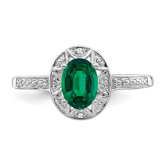 Sterling Silver Rhodium-plated Diamond & Created Emerald Ring