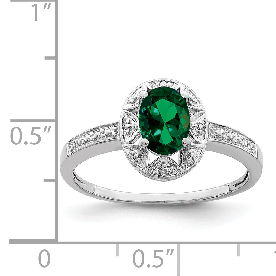 Sterling Silver Rhodium-plated Diamond & Created Emerald Ring