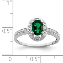 Sterling Silver Rhodium-plated Diamond & Created Emerald Ring