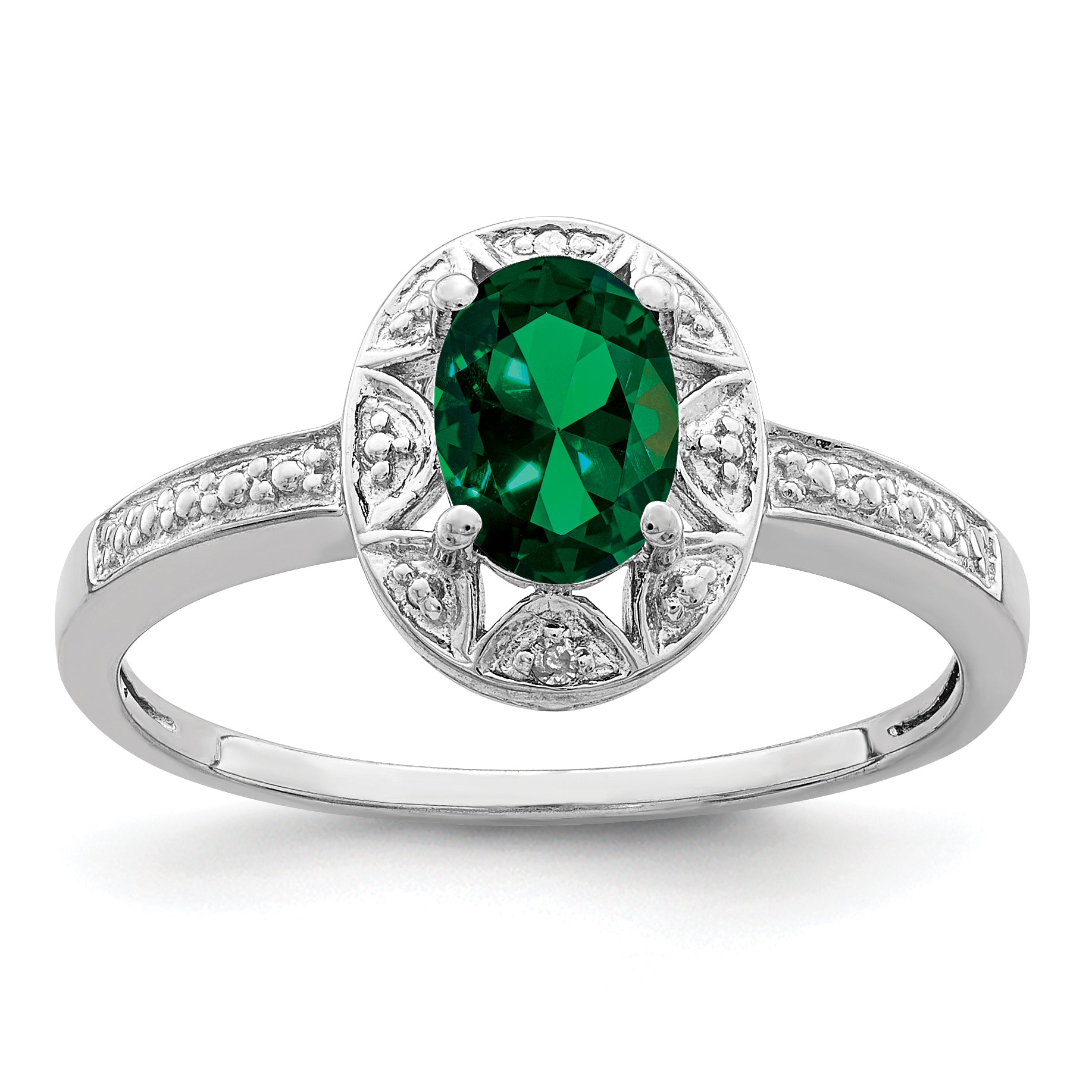 Sterling Silver Rhodium-plated Diamond & Created Emerald Ring Main image