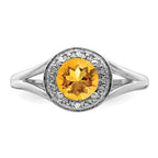 Sterling Silver Rhodium-plated Diamond & Citrine Ring