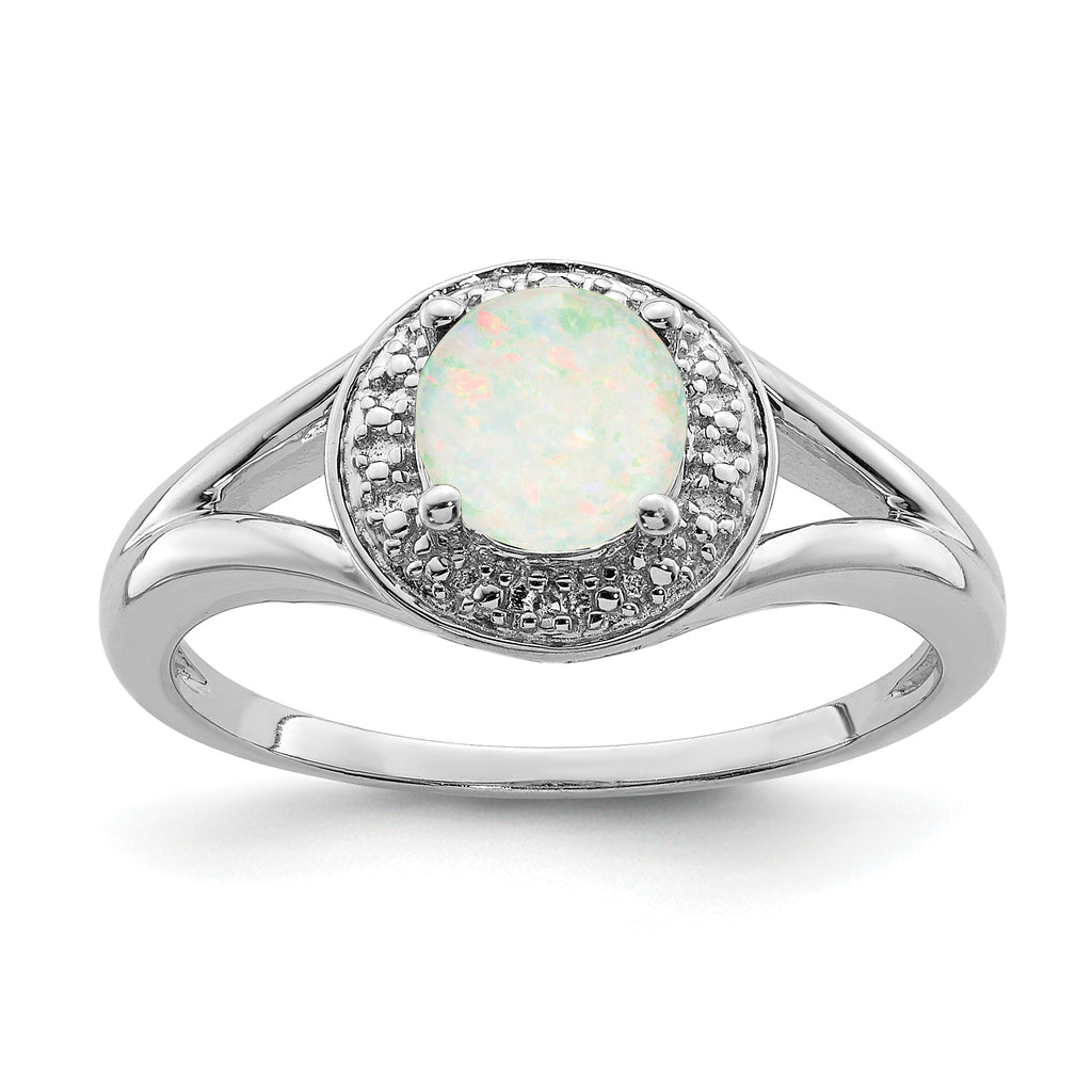 Sterling Silver Rhodium-plated Diamond & Created Opal Ring