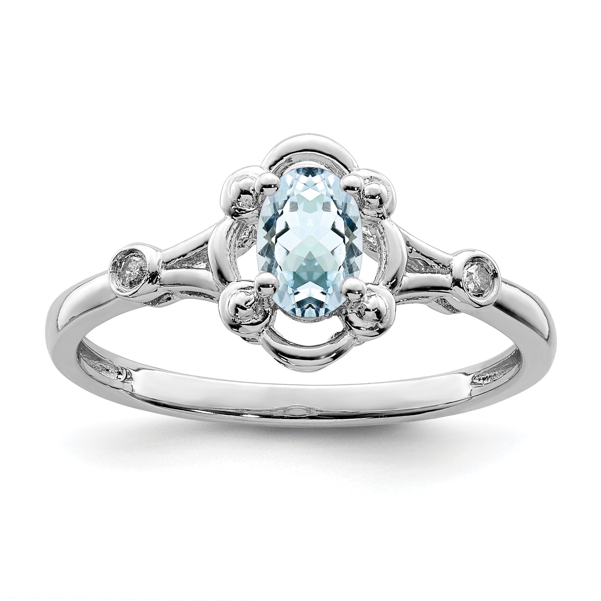 Sterling Silver Rhodium-plated Aquamarine & Diamond Ring