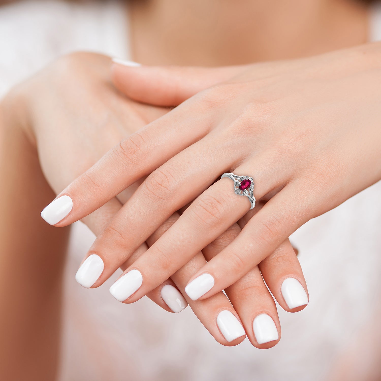 Sterling Silver Rhodium-plated Created Ruby & Diamond Ring