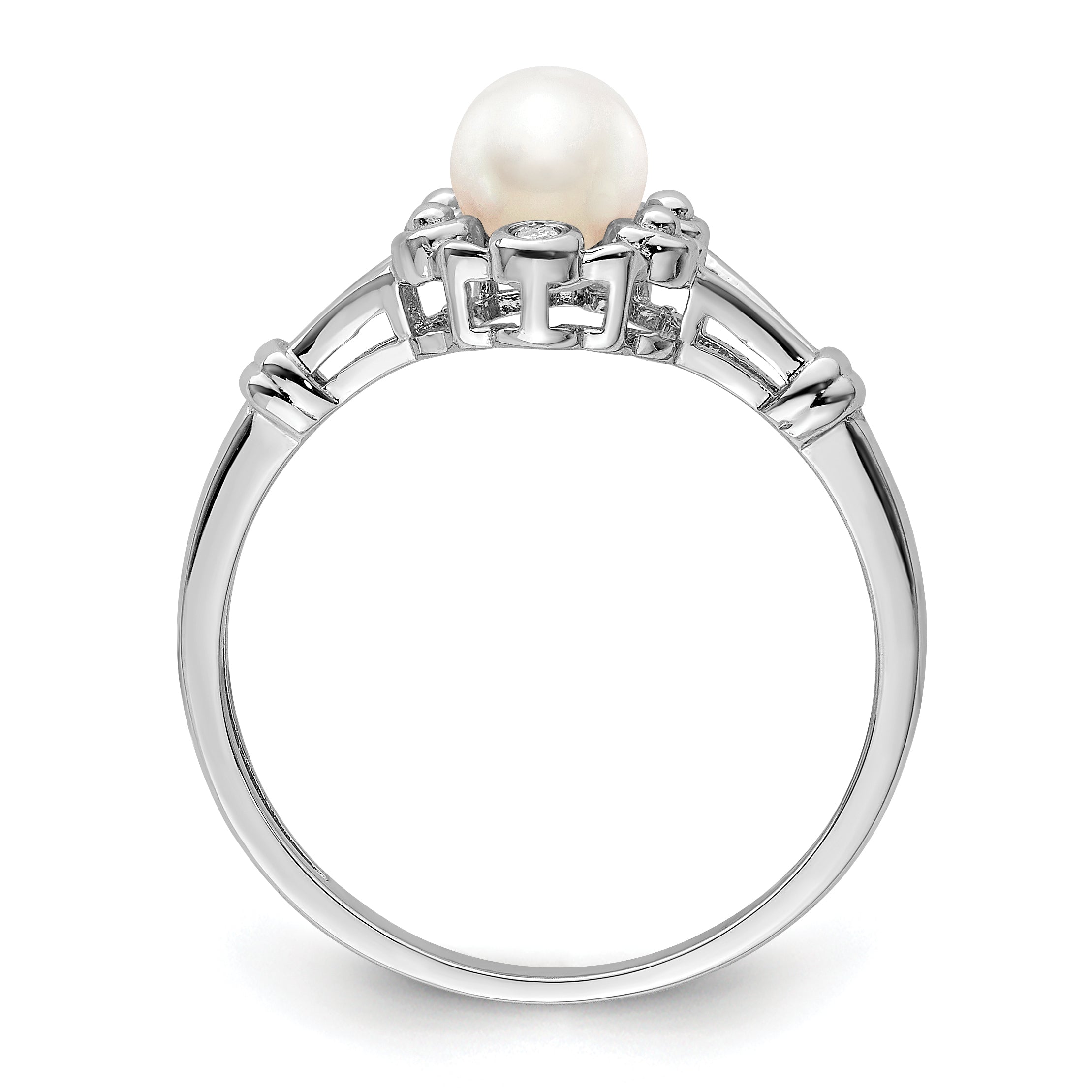 Sterling Silver Rhodium-plated Fresh Water Cultured Pearl & Diamond Ring Secondary image