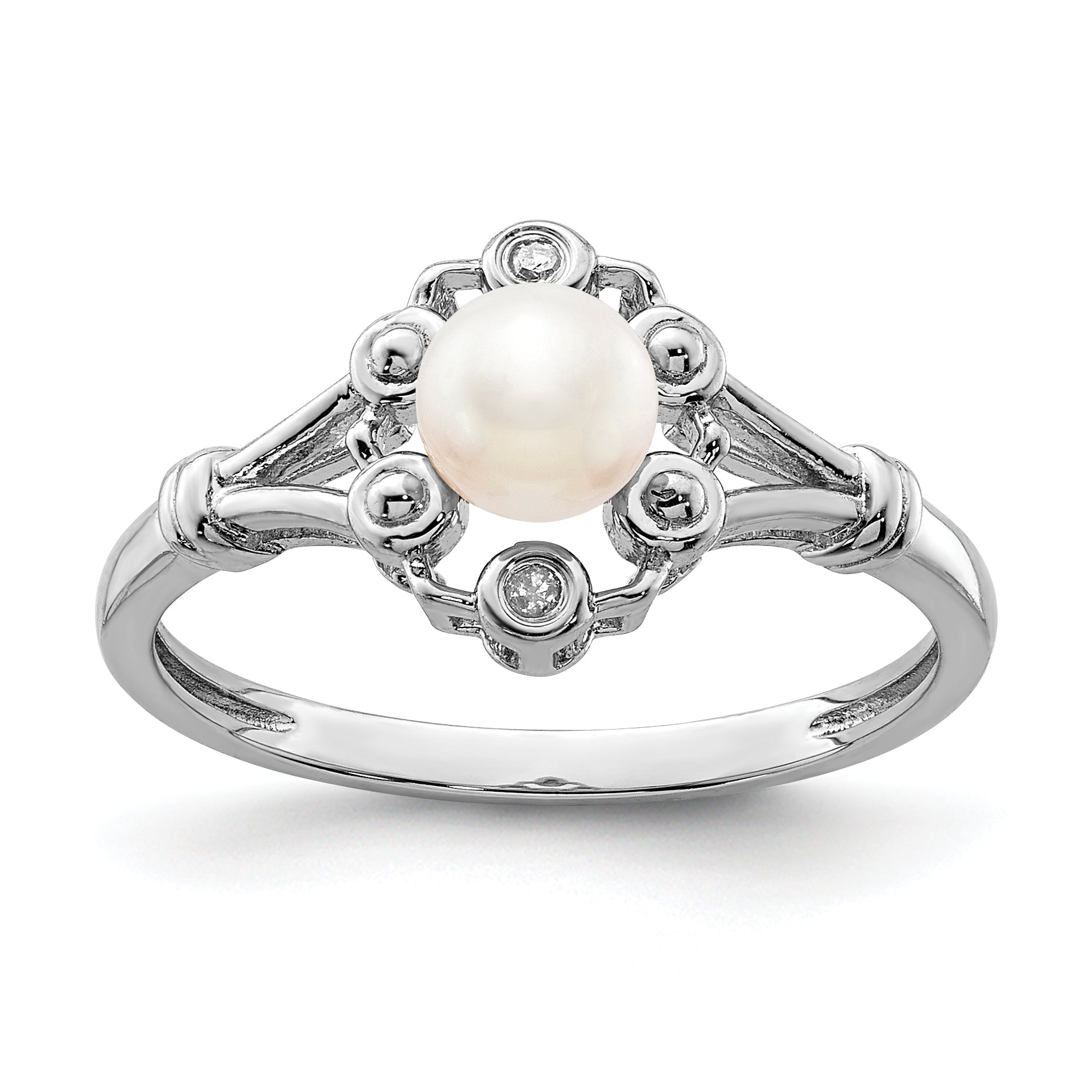 Sterling Silver Rhodium-plated Fresh Water Cultured Pearl & Diamond Ring Main image
