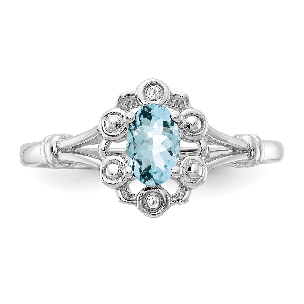 Sterling Silver Rhodium-plated Aquamarine & Diamond Ring