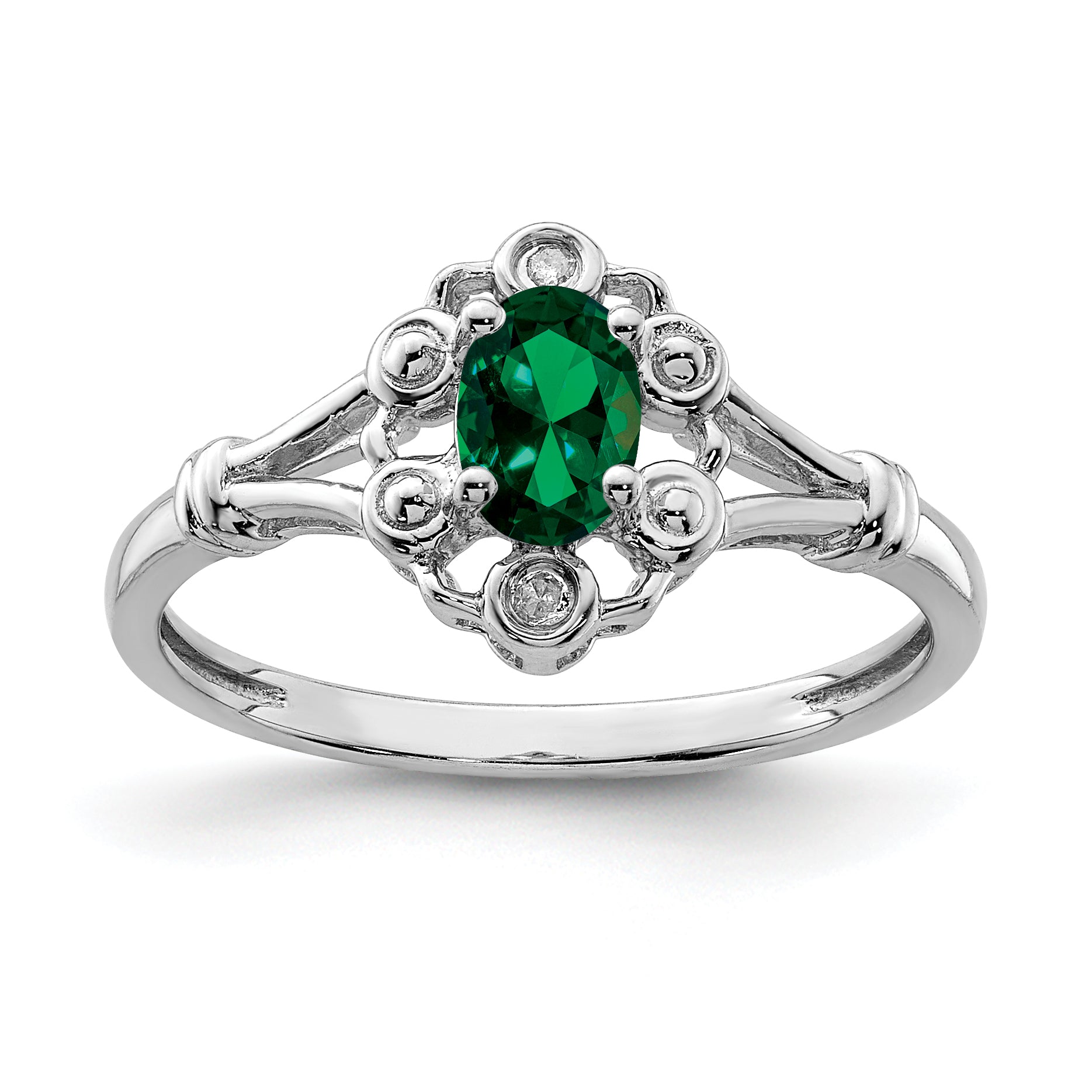 Sterling Silver Rhodium-plated Created Emerald & Diamond Ring Main image