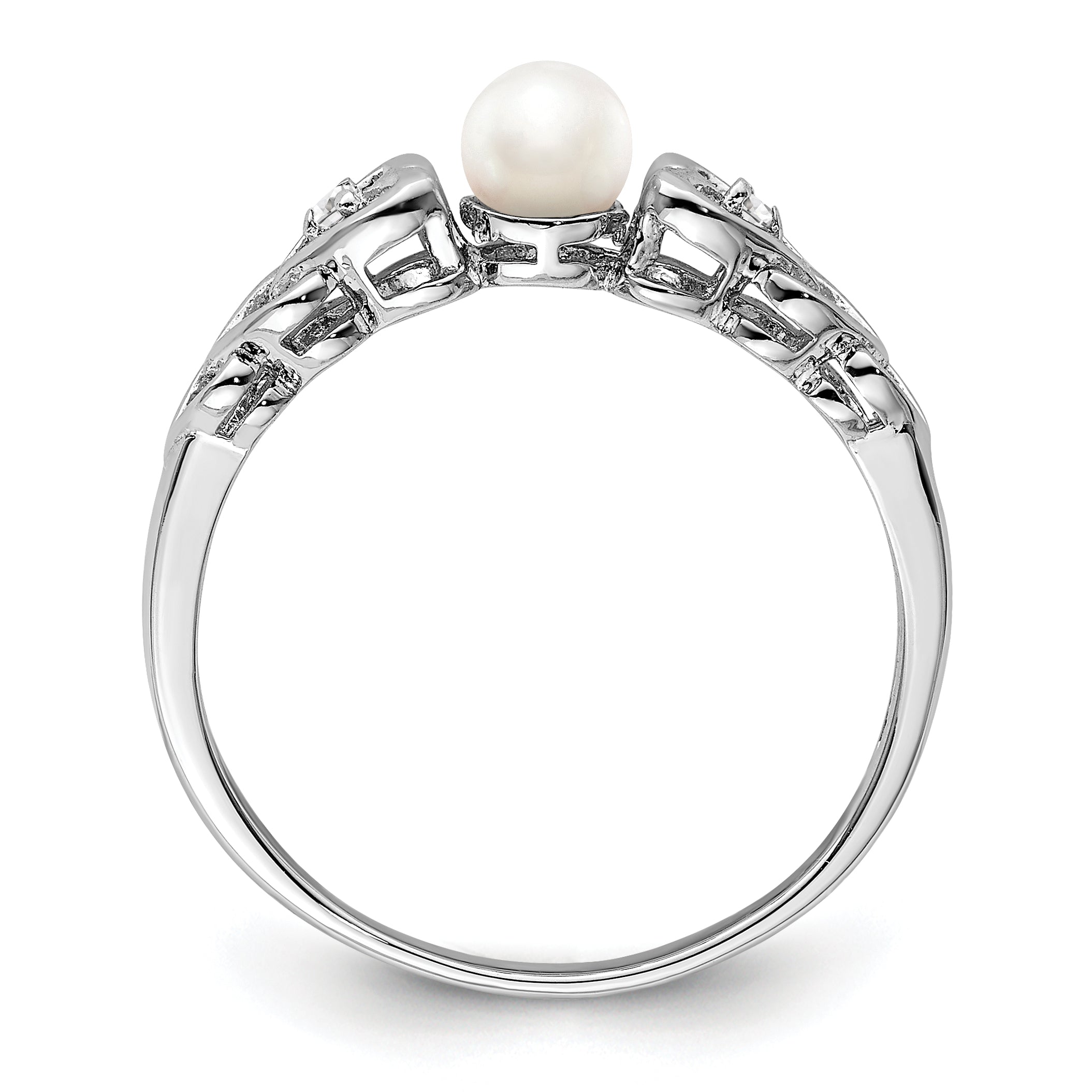 Sterling Silver Rhodium-plated Fresh Water Cultured Pearl & Diamond Ring Secondary image