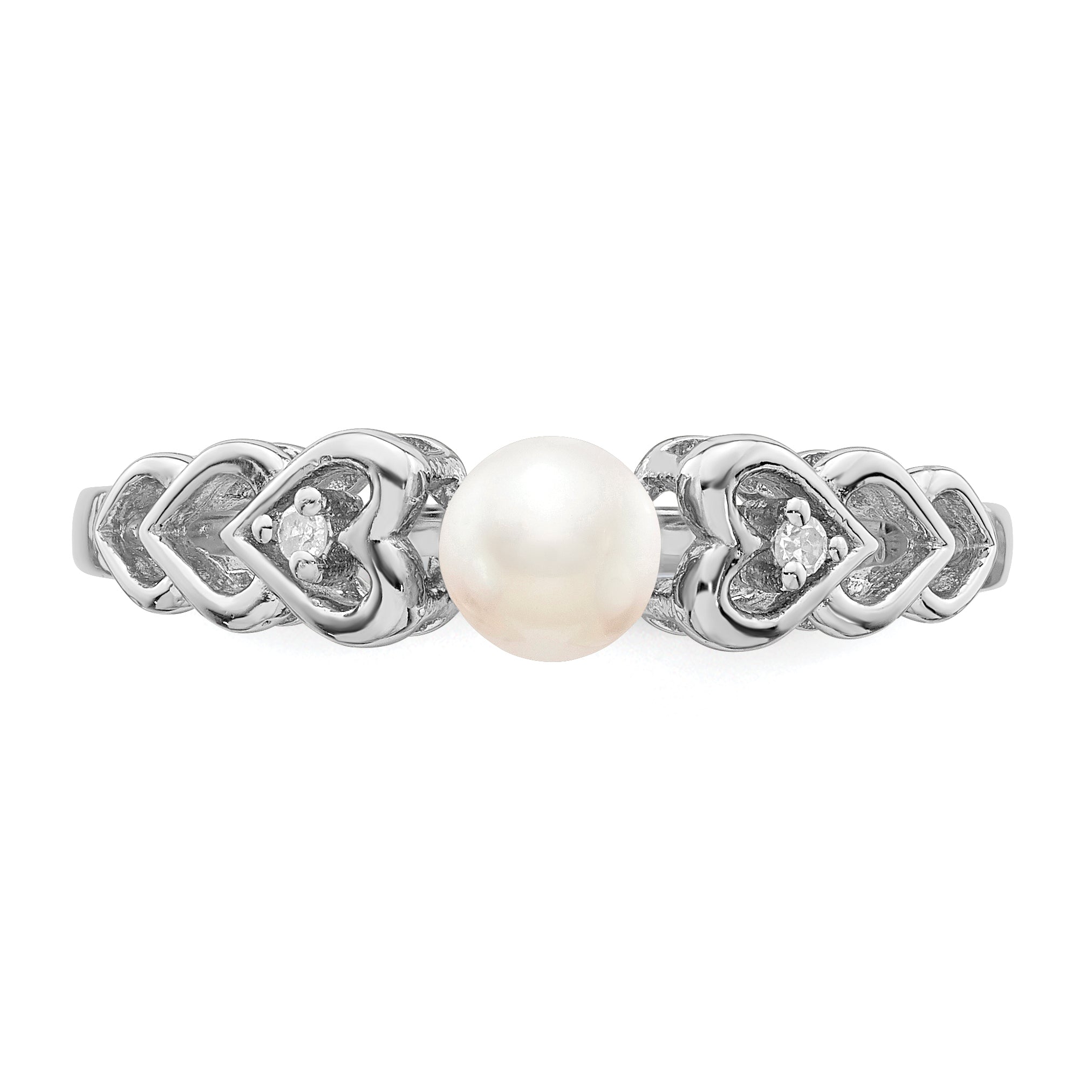 Sterling Silver Rhodium-plated Fresh Water Cultured Pearl & Diamond Ring