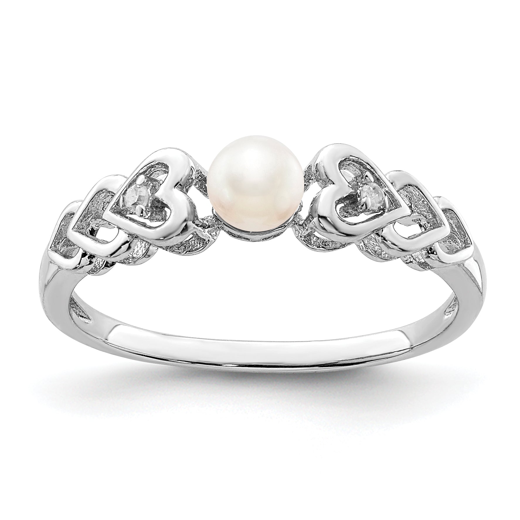 Sterling Silver Rhodium-plated Fresh Water Cultured Pearl & Diamond Ring Main image