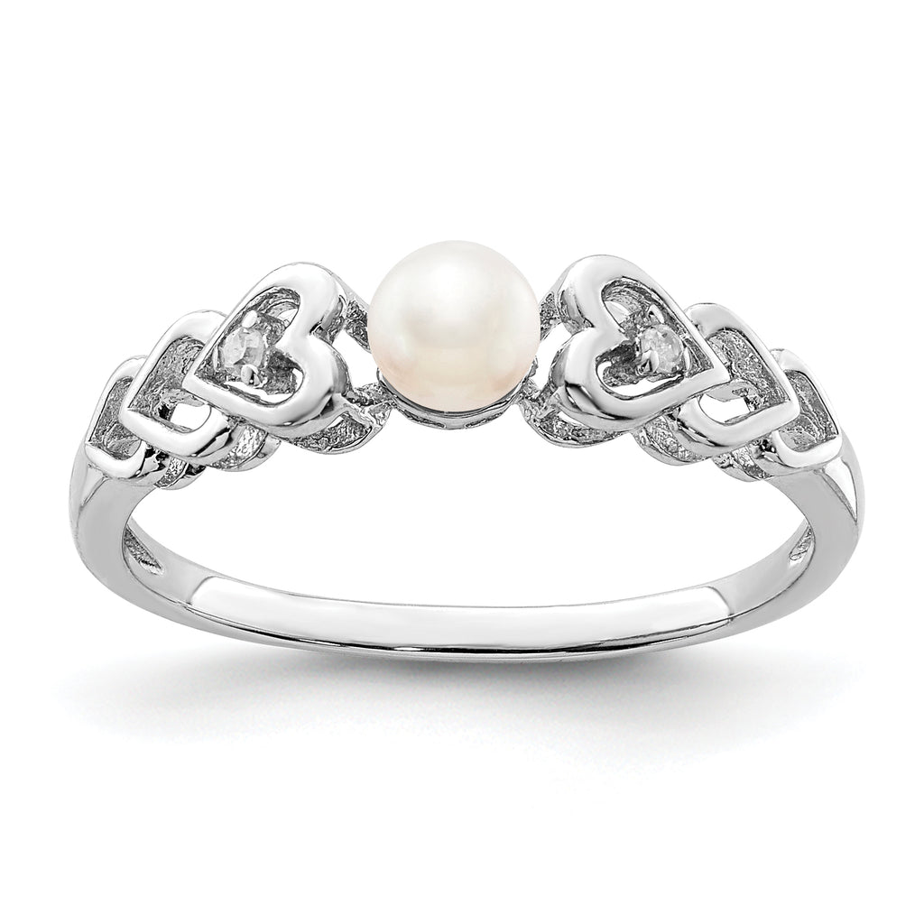 Sterling Silver Rhodium-plated Fresh Water Cultured Pearl & Diamond Ring
