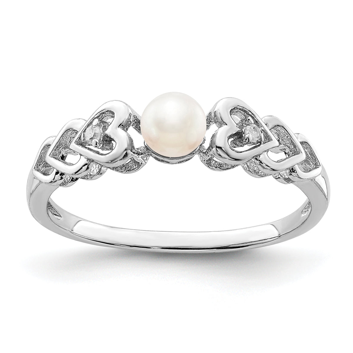 Sterling Silver Rhodium-plated Fresh Water Cultured Pearl & Diamond Ring