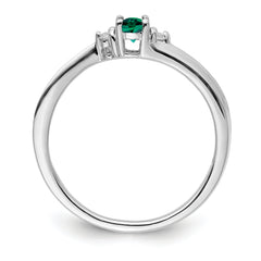 Sterling Silver Rhod-plated Created Emerald/Diamond Birthstone Ring