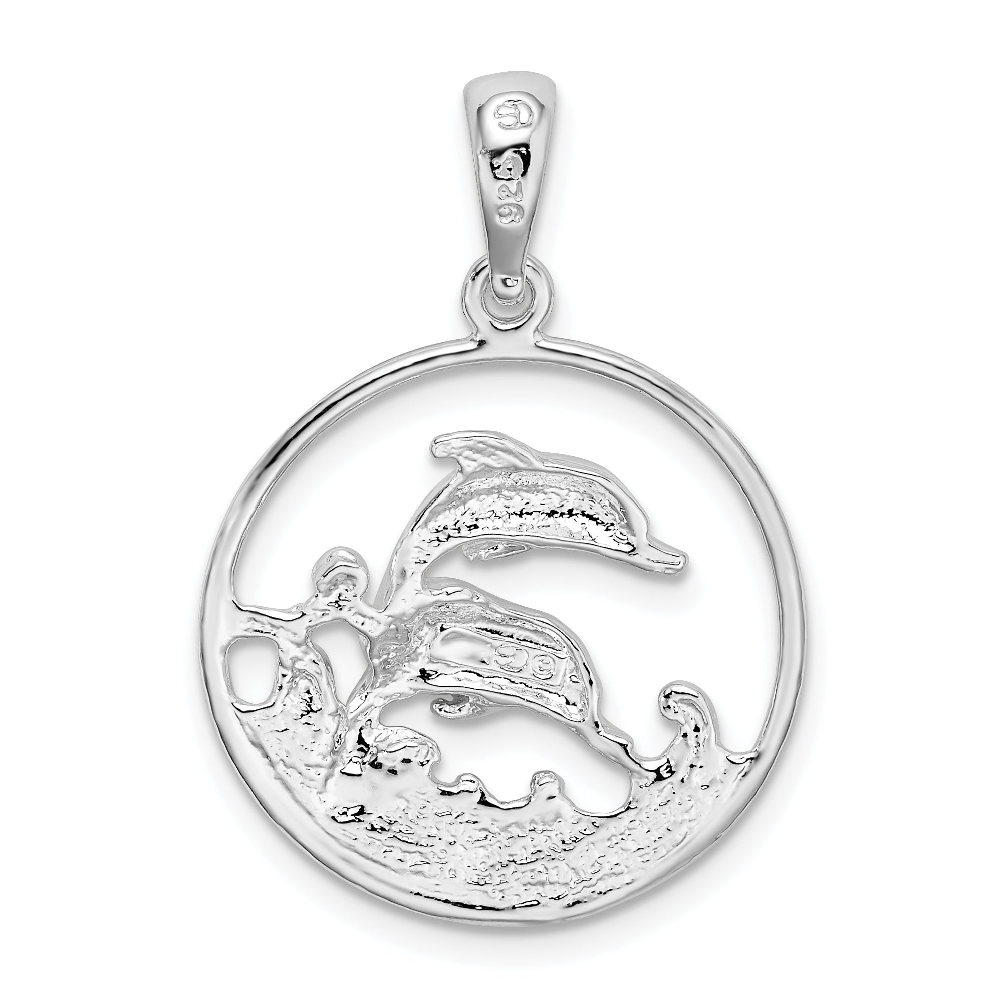 De-Ani Sterling Silver Rhodium-Plated Polished Dolphins Swimming Oval Pendant