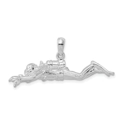 De-Ani Sterling Silver Rhodium-Plated Polished 3D Female Scuba Diver Pendant