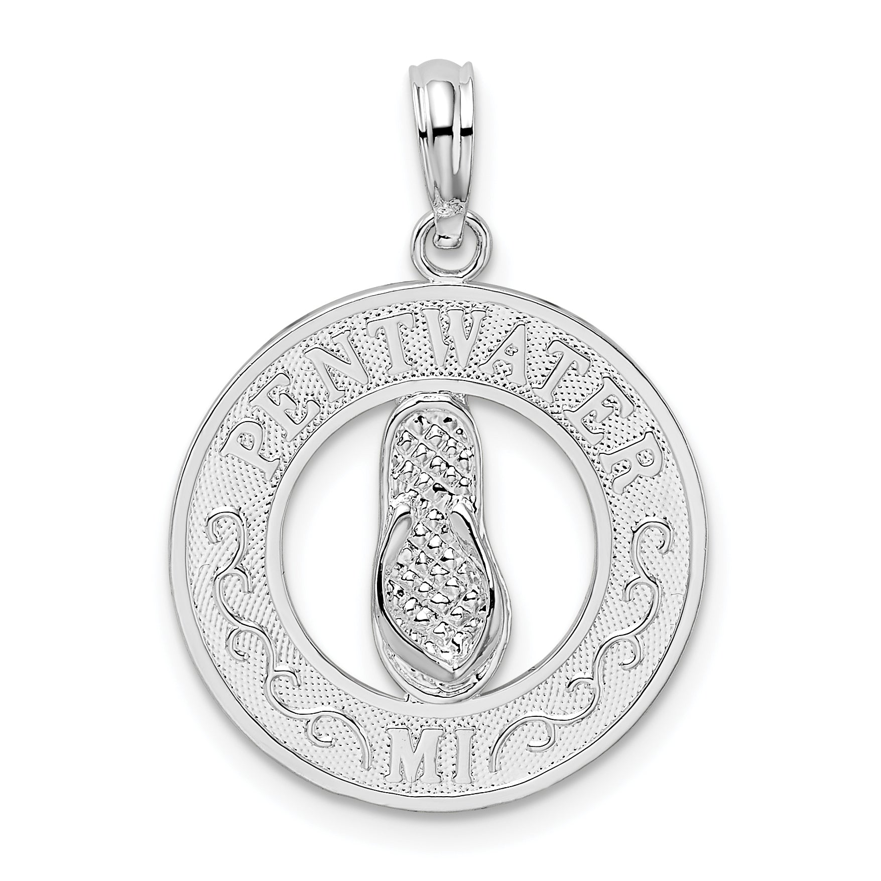 De-Ani Sterling Silver Rhodium-Plated Pentwater Michigan Circle with Flip Flop Pendant