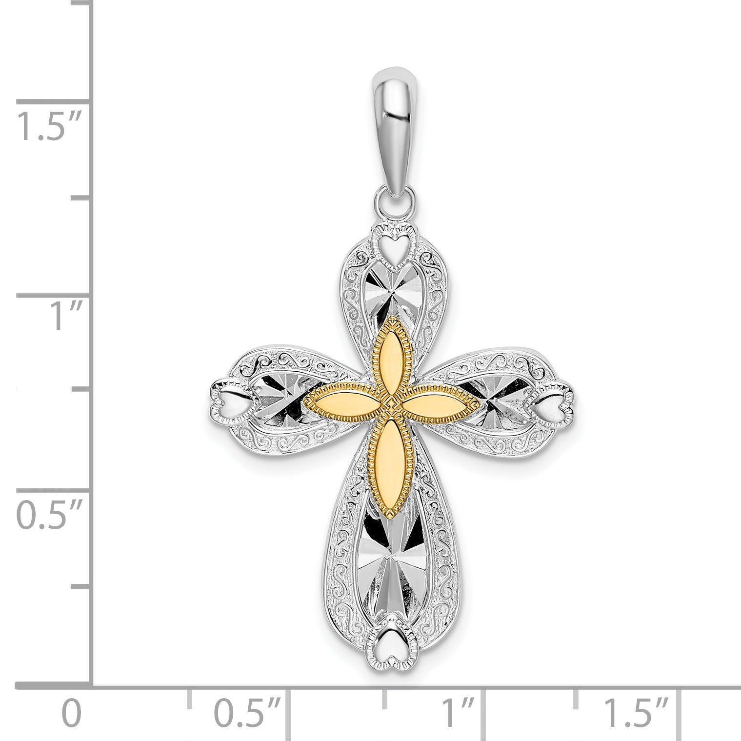 De-Ani Sterling Silver Rhodium-Plated Diamond-Cut Heart Cross with 14k Accent Pendant