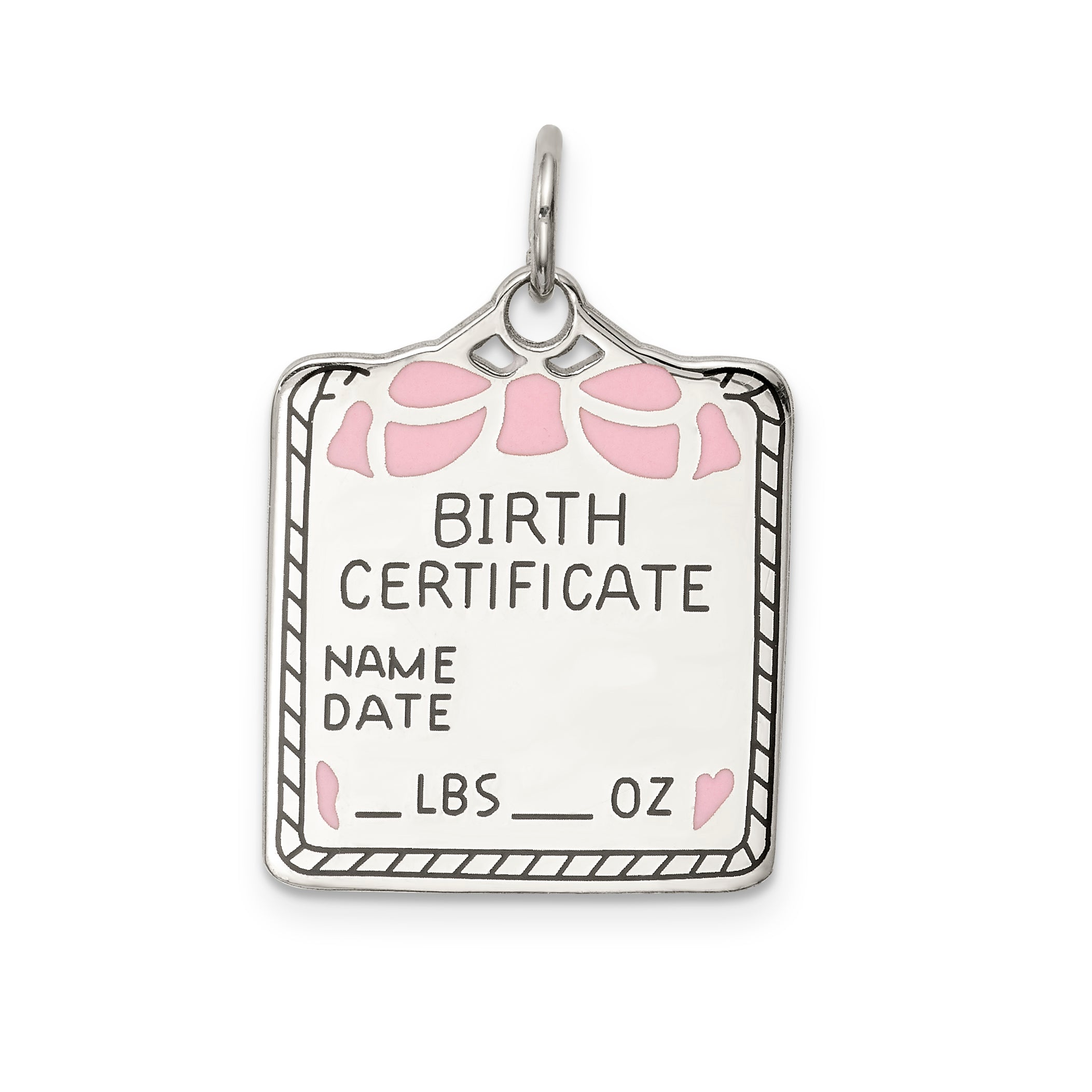 SS Rh-plt Pink Birth Certificate Polished Front/Satin Back Charm Main image