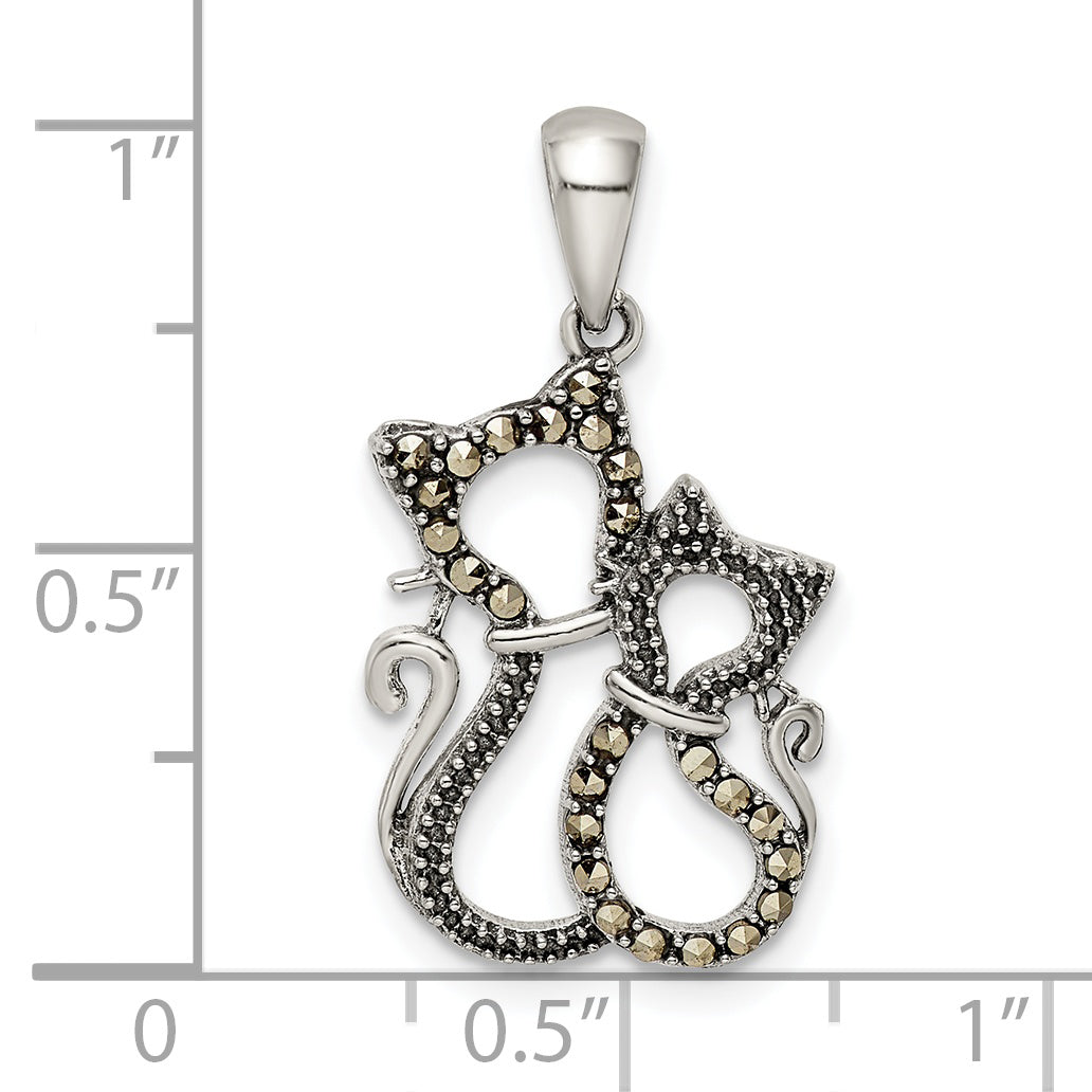 Sterling Silver Antiqued Polished Marcasite Cats Pendant