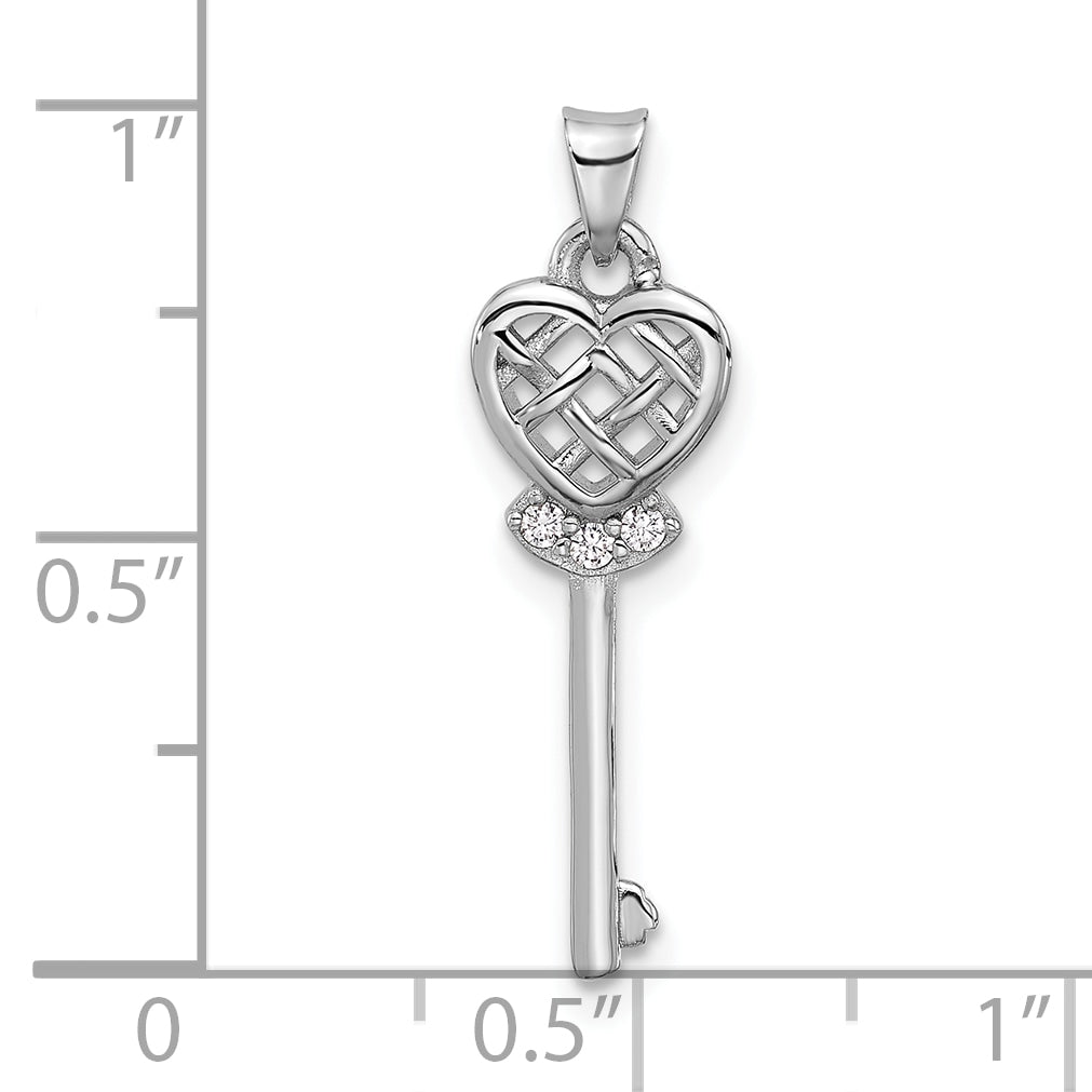 Sterling Silver Rhodium-plated Polished Criss Cross CZ Heart Key Pendant