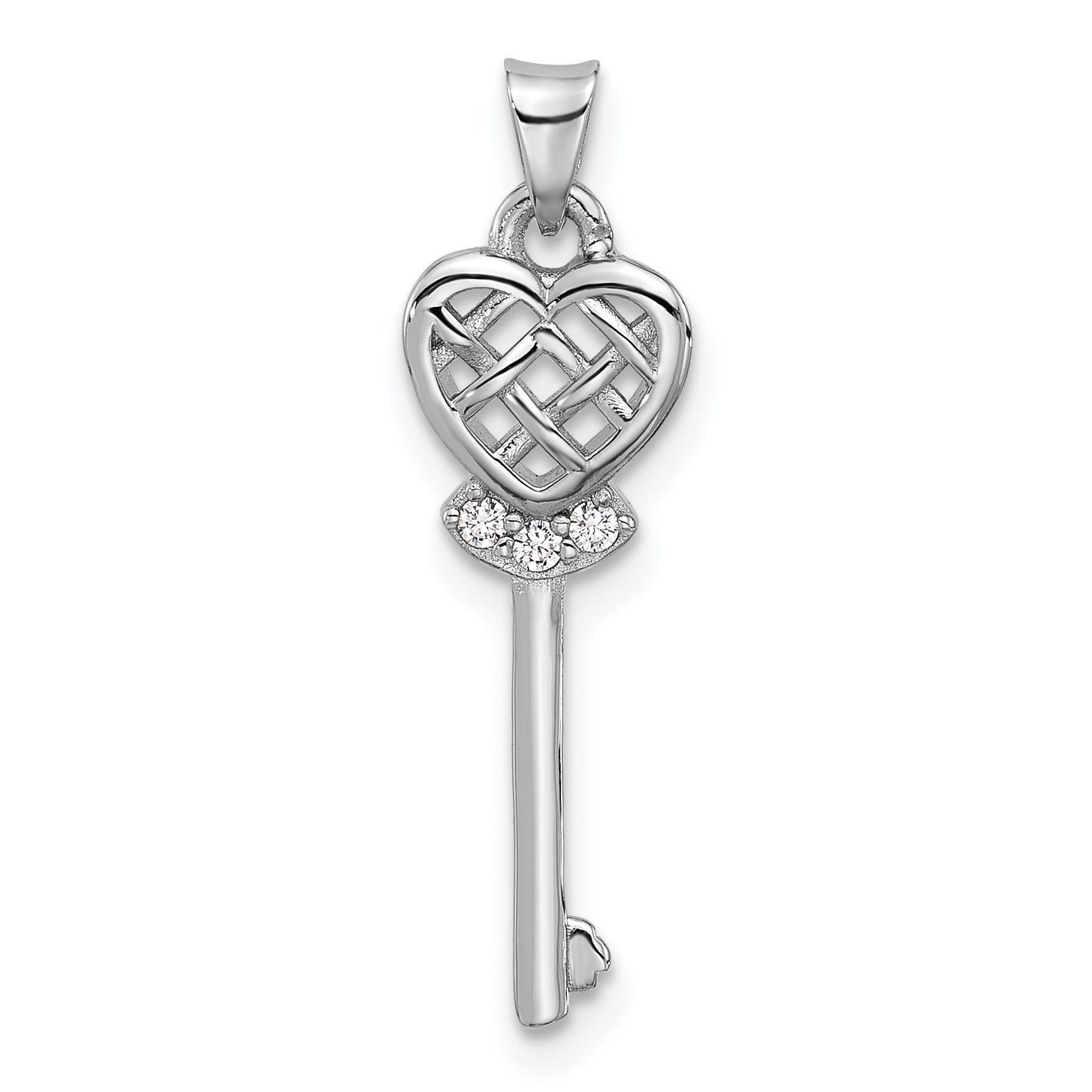 Sterling Silver Rhodium-plated Polished Criss Cross CZ Heart Key Pendant