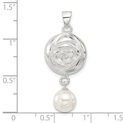Sterling Silver Polished Textured Domed Flower with Dangle Pearl Pendant