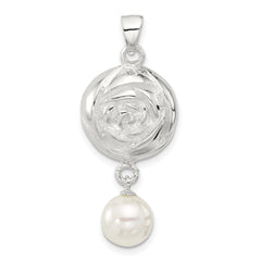 Sterling Silver Polished Textured Domed Flower with Dangle Pearl Pendant