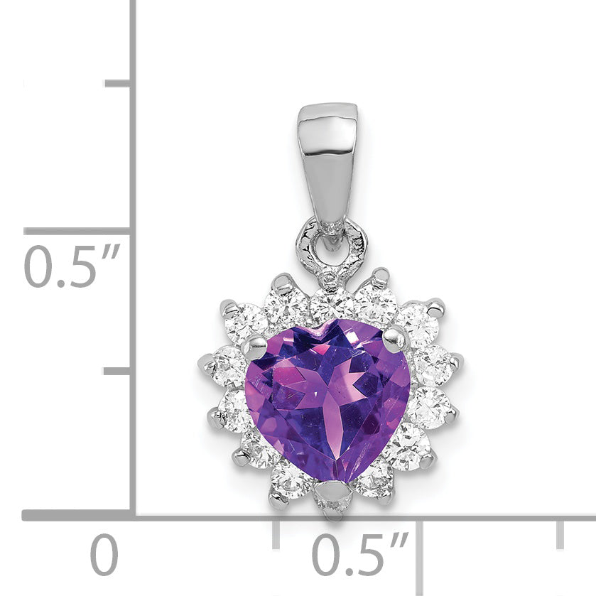 Sterling Silver Rhodium-Plated Amethyst Heart Pendant with CZ Accents  Polished Finish