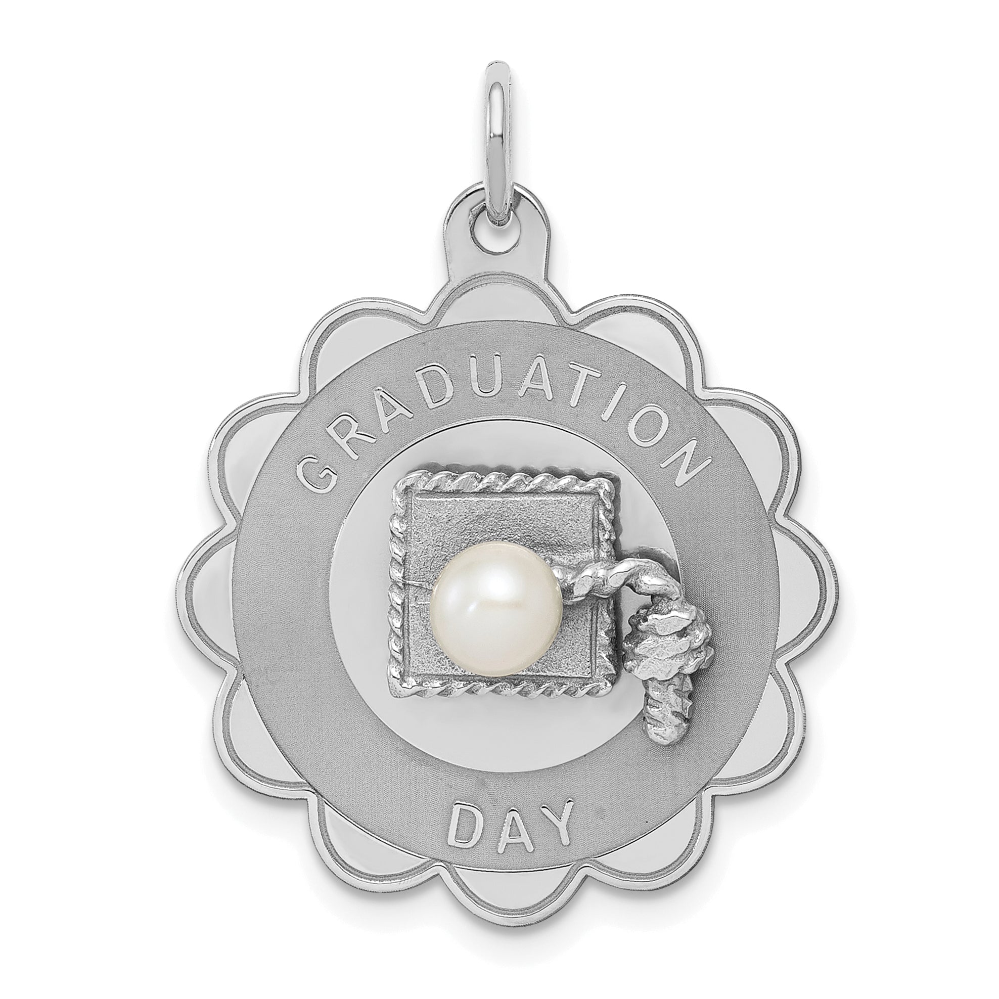 Sterling Silver Rhodium Graduation Day Disc with FW Cultured Pearl Charm Main image